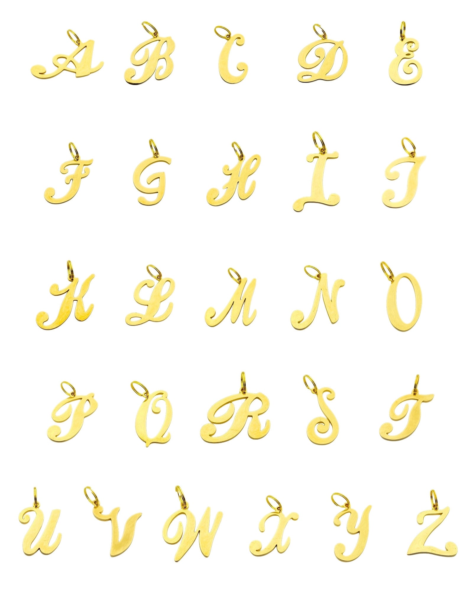Gold initial dog charms on display