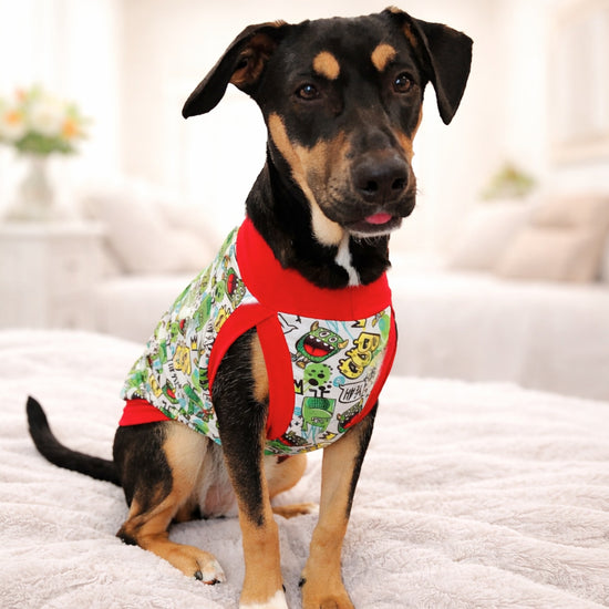 Graffiti Goblin Monsters lightweight poly-spandex dog pajamas with red trim on Doberman puppy, performing tricks