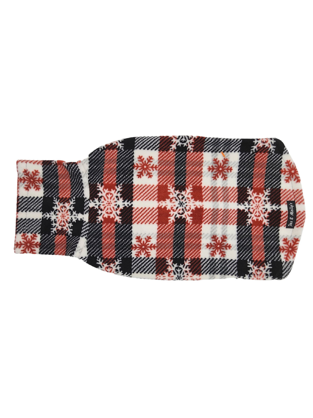 Jax & Molly's Triflurry Dog Sweater in red, white and black plaid with snowflake print