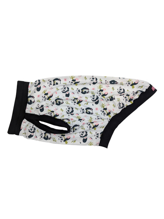 Grey pitbull wearing Jax & Molly's white panda dog pajama shirt