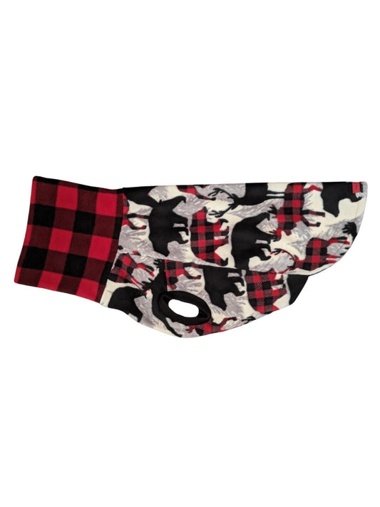 Side view of a fleece dog sweater featuring bears and moose print with a buffalo plaid turtleneck. 