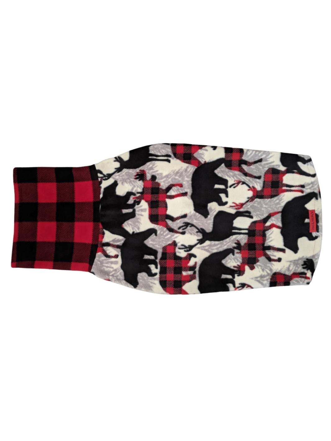 Back view of a fleece dog sweater featuring bears and moose print with a buffalo plaid turtleneck and a Jax & Molly's tag. 