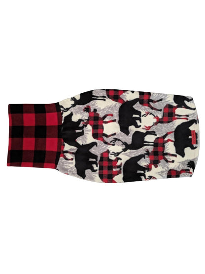 Back view of a fleece dog sweater featuring bears and moose print with a buffalo plaid turtleneck and a Jax & Molly's tag. 