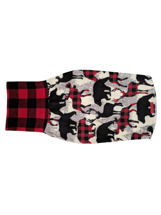 Back view of a fleece dog sweater featuring bears and moose print with a buffalo plaid turtleneck and a Jax & Molly's tag. 