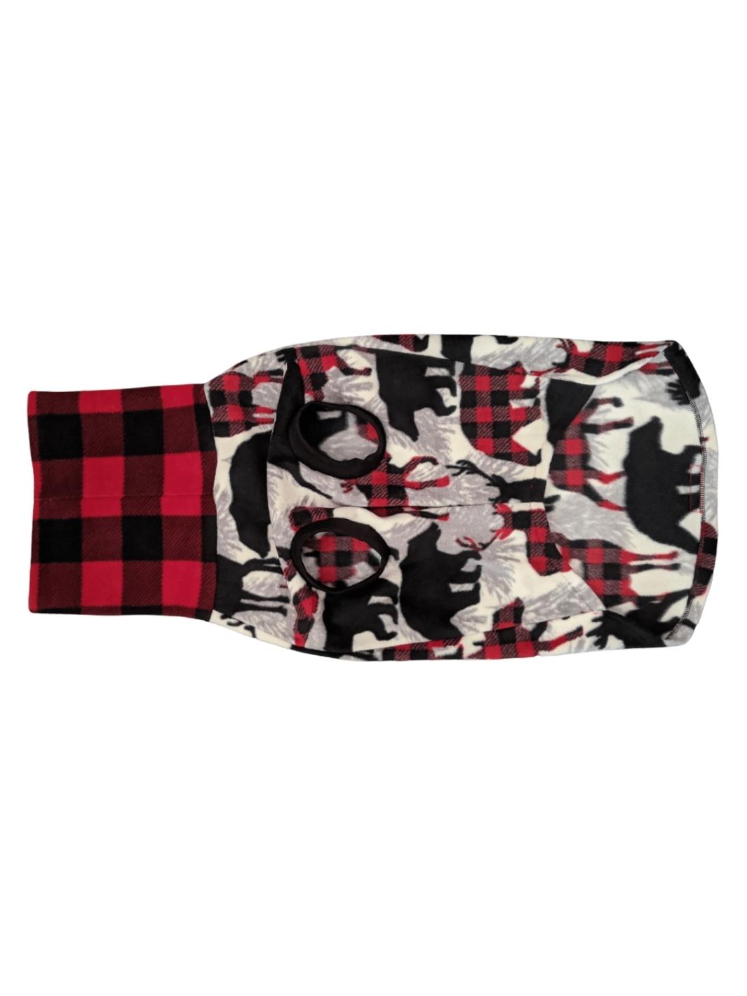 Underbelly view of a Jax & Molly's fleece dog sweater featuring bears and moose print with a buffalo plaid turtleneck displaying the sleeve holes.