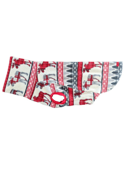A fleece dog sweater with a red and white holiday pattern and a long turtleneck.