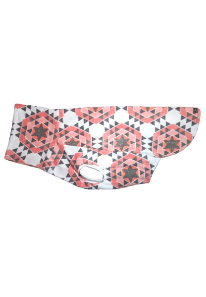 Pink and gray aztec fleece dog sweater, flat side view