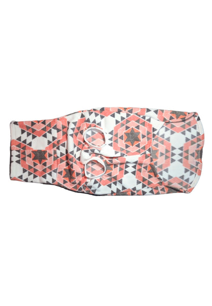 Pink and gray aztec fleece dog sweater, underbelly view