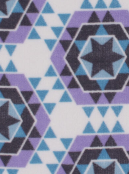 Purple, blue, and gray Aztec fleece print, close-up