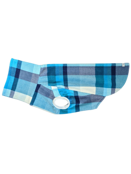 A charming side view of a dog sweater with a cozy turtleneck, boasting a blue plaid pattern and white-trimmed sleeves.