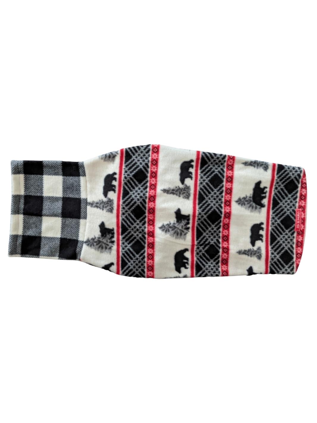 Back view of a fleece dog sweater featuring black bears with pine trees and red accents with a black and white buffalo plaid turtleneck.