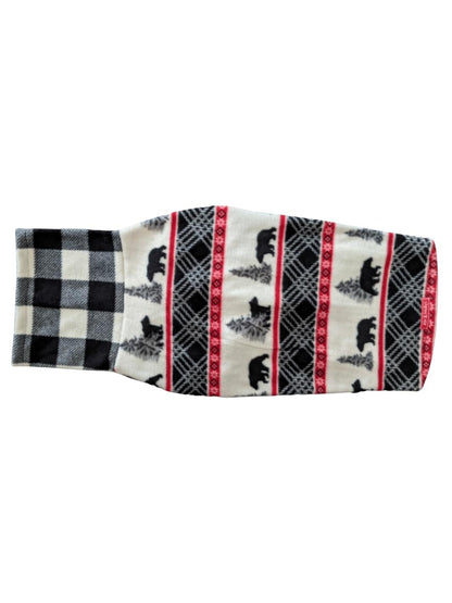 Back view of a fleece dog sweater featuring black bears with pine trees and red accents with a black and white buffalo plaid turtleneck.