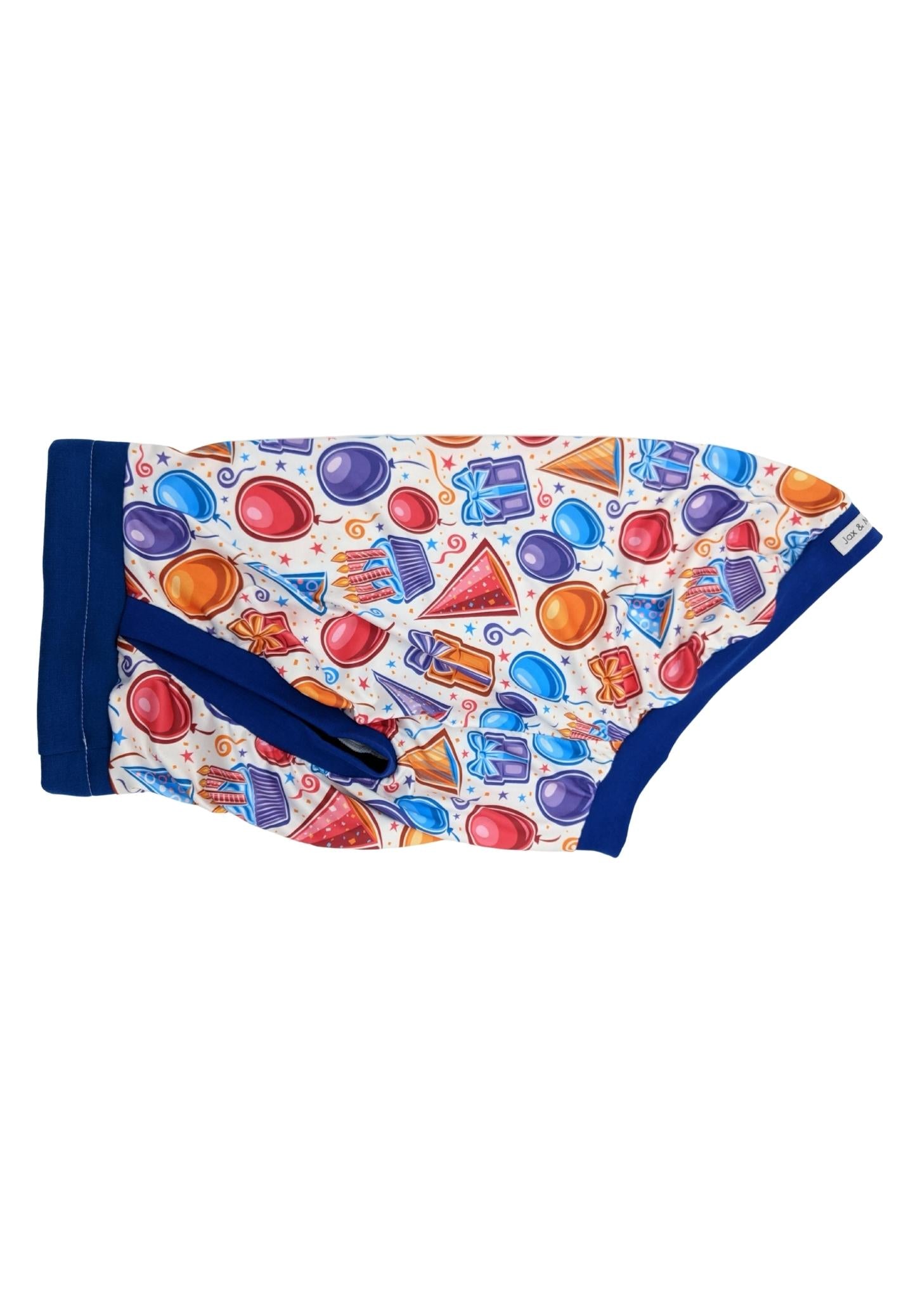 Birthday Celebration dog pajamas made from lightweight stretchy PolySpandex, with royal blue trim