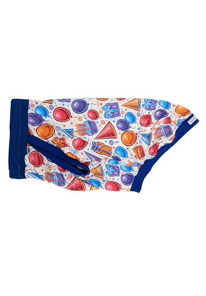 Birthday Celebration dog pajamas made from lightweight stretchy PolySpandex, with royal blue trim