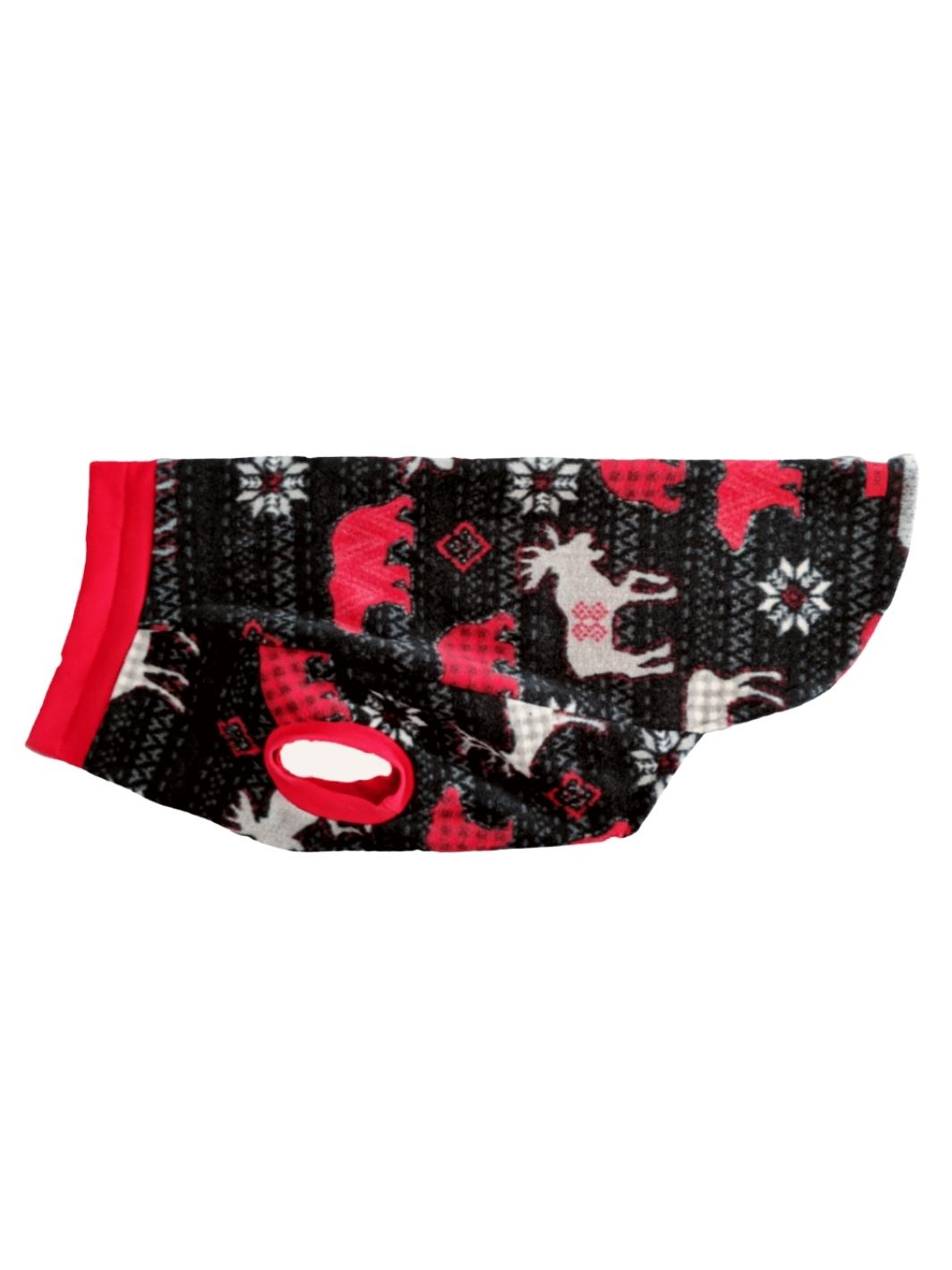 Side view of a black dog sweater featuring red bears and gray moose with gray accents and red neck and sleeve trim.