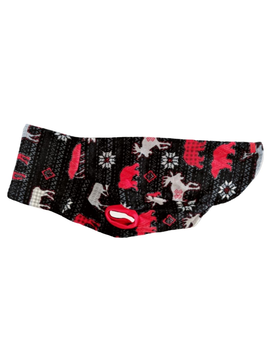 Side view of a black dog sweater featuring red bears and gray moose with gray accents and a matching turtleneck.
