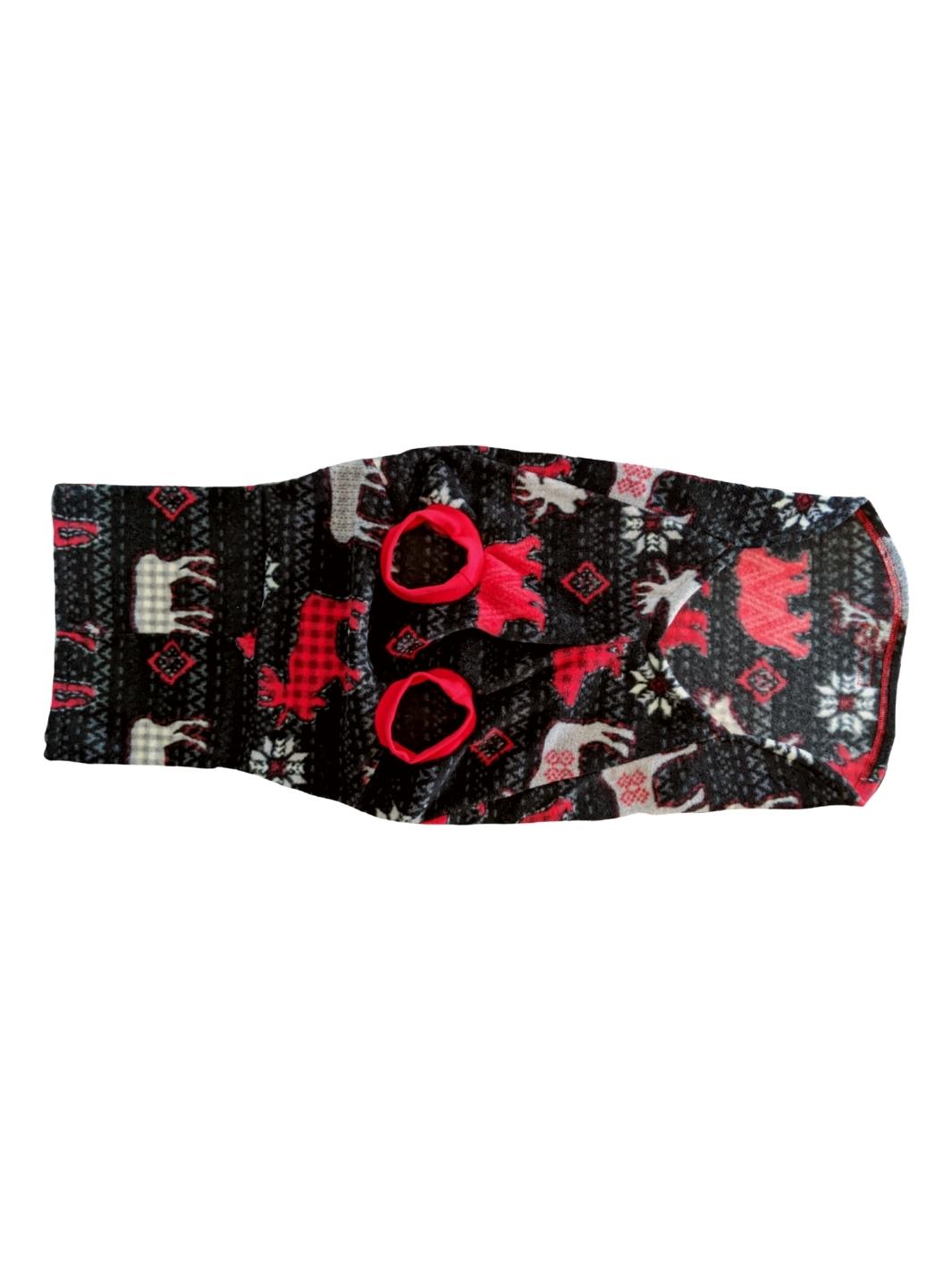 Underbelly view of a black dog sweater featuring red bears and gray moose with gray accents with a matching turtleneck and red sleeve trim.