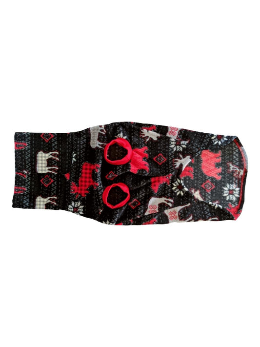 Underbelly view of a black dog sweater featuring red bears and gray moose with gray accents with a matching turtleneck and red sleeve trim.