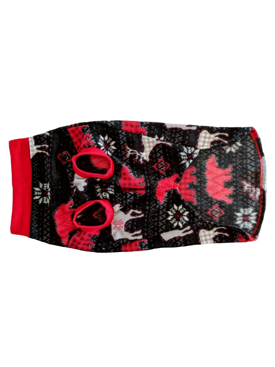Underbelly view of a black dog sweater featuring red bears and gray moose with gray accents and red neck and sleeve trim.
