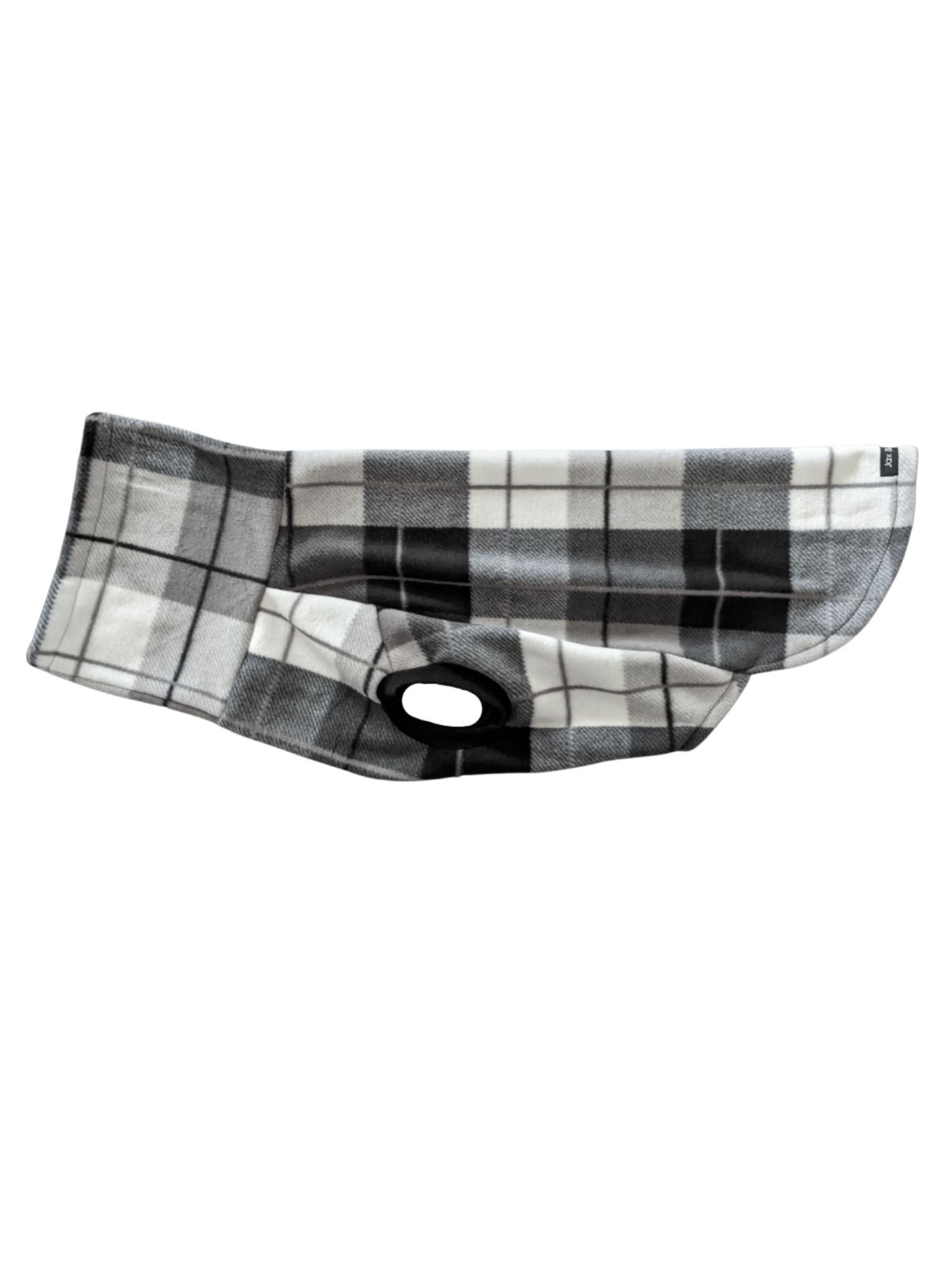 Side profile of a dog sweater with a black, white, and grey plaid print and a matching turtleneck.