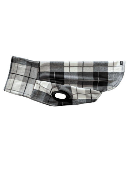 Side profile of a dog sweater with a black, white, and grey plaid print and a matching turtleneck.