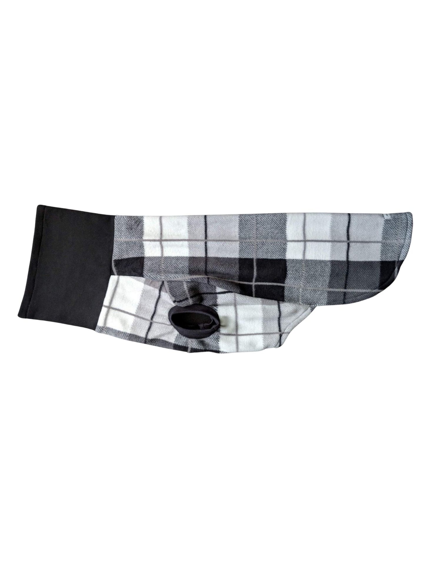 Side profile of a dog sweater with a black, white, and grey plaid print and a solid black turtleneck.