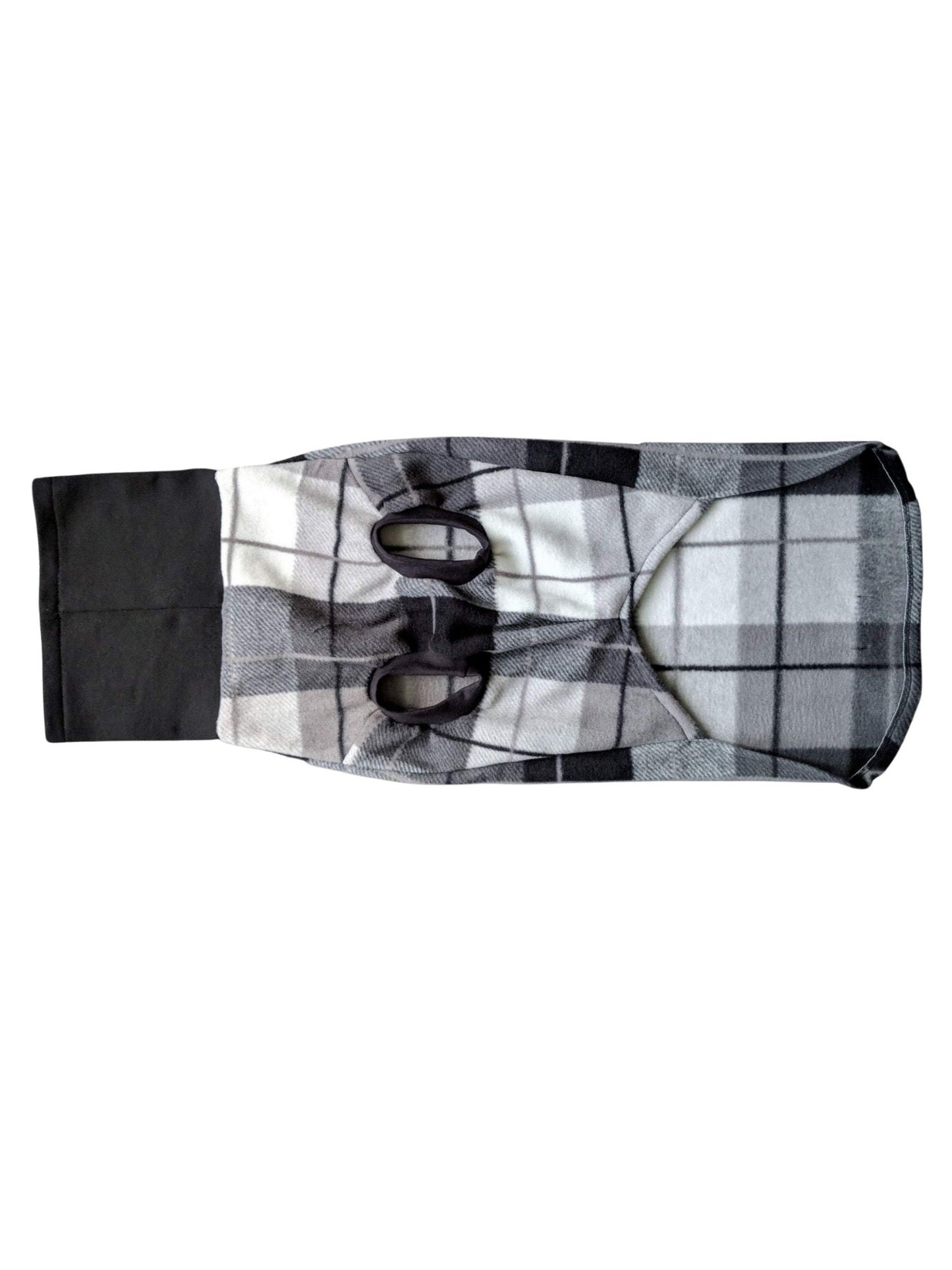 Underbelly view of a dog sweater with a black, white, and grey plaid print and a solid black turtleneck.
