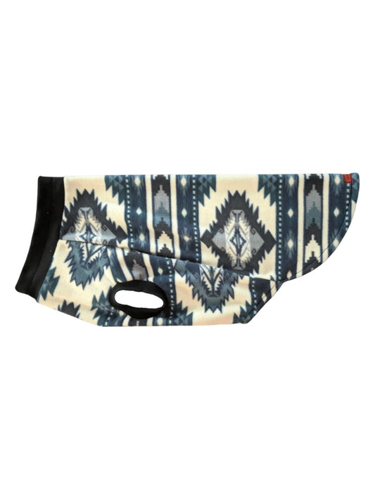 Side display of a blue and off-white aztec print dog sweater complemented by a black neck and sleeve trim.