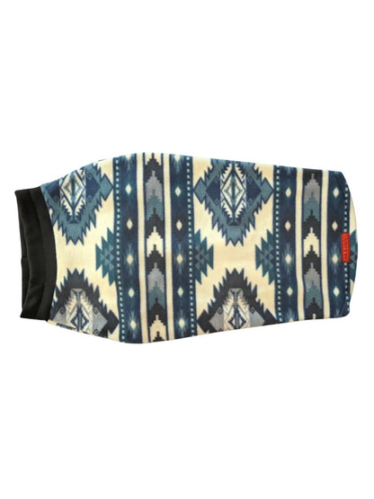 Back display of a blue and off-white aztec print dog sweater complemented by a black neckline.