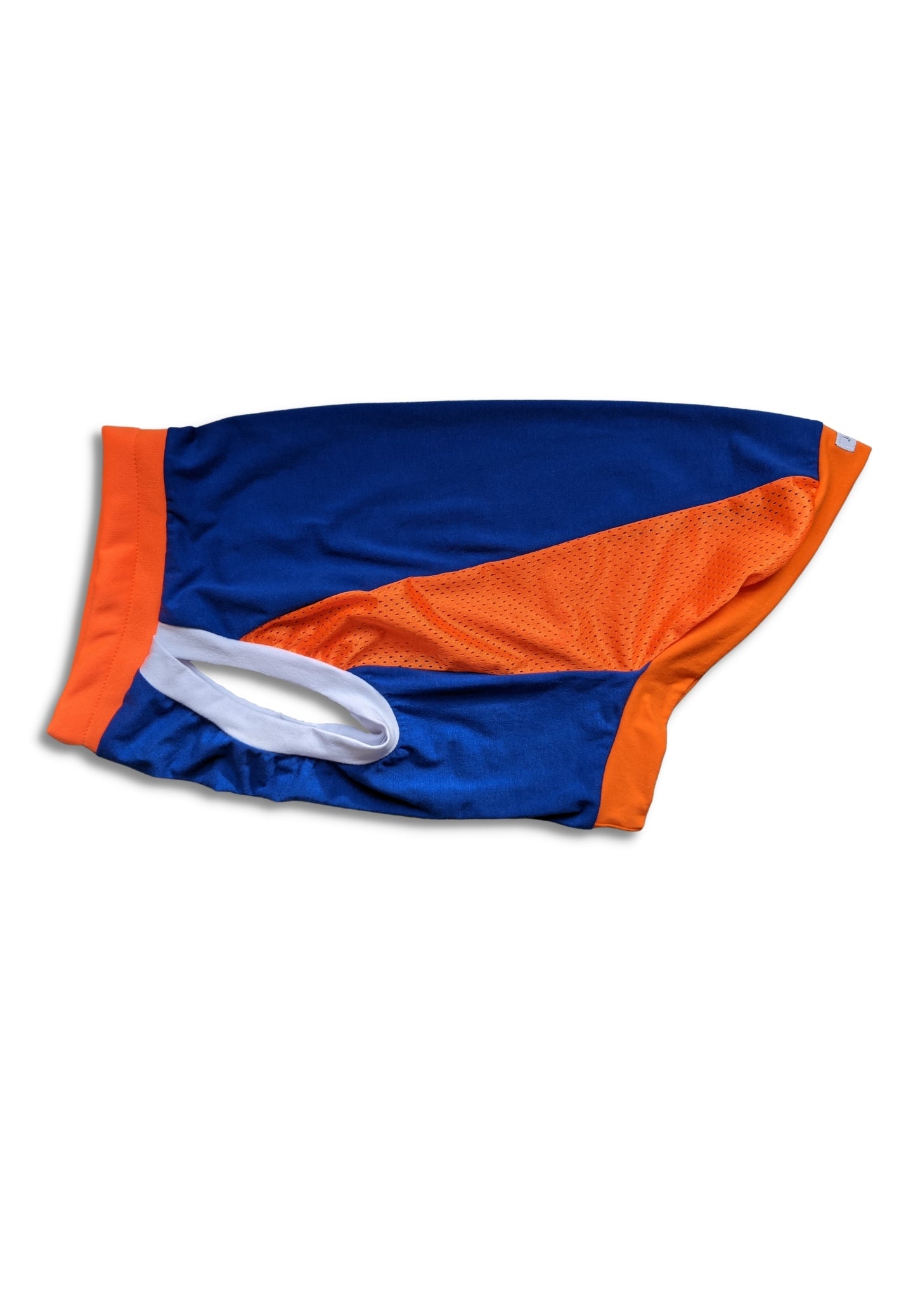 Side view of blue and orange dog jersey tank with breathable mesh design