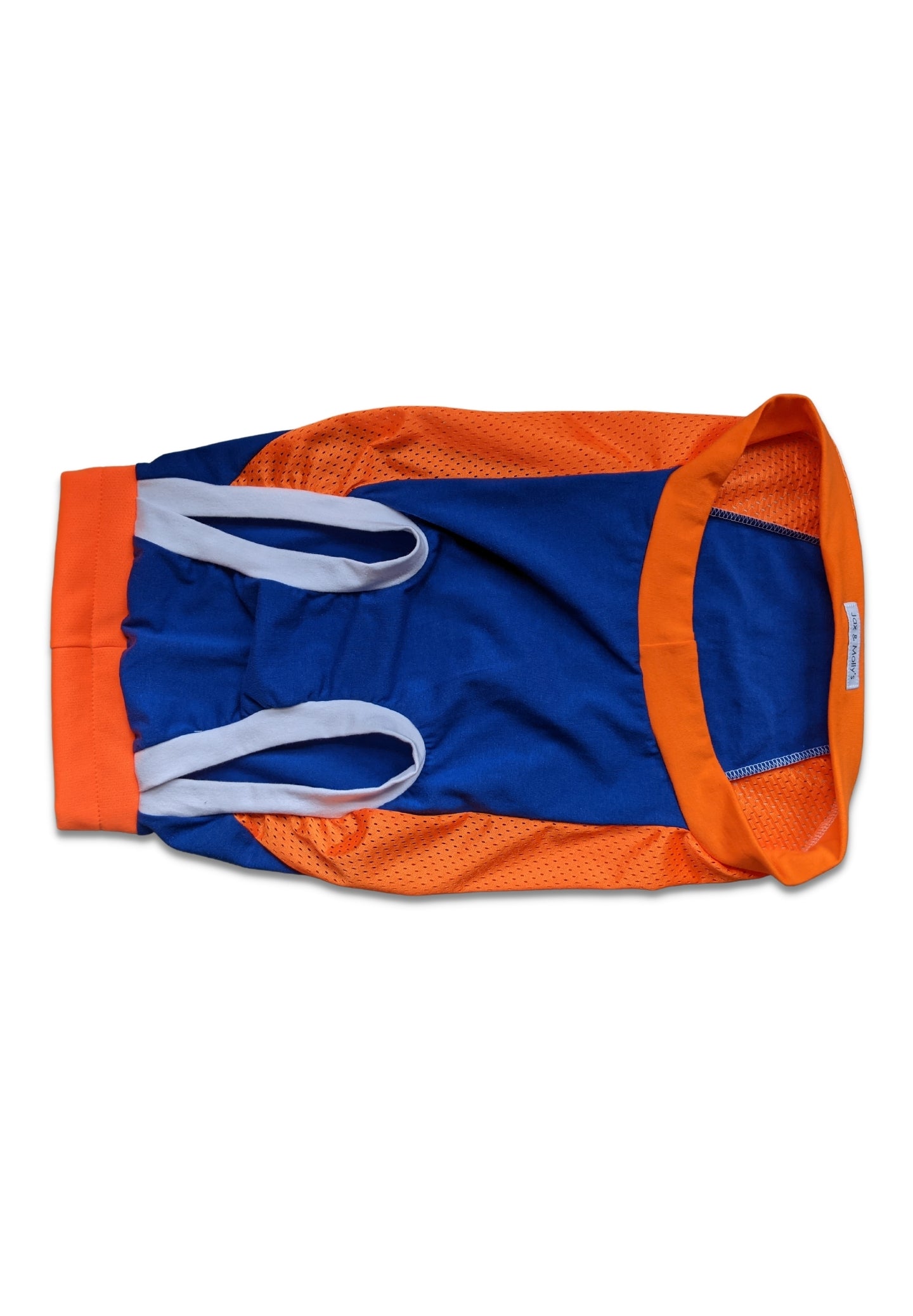 Blue and orange athletic dog jersey tank with gray armholes and orange trim.