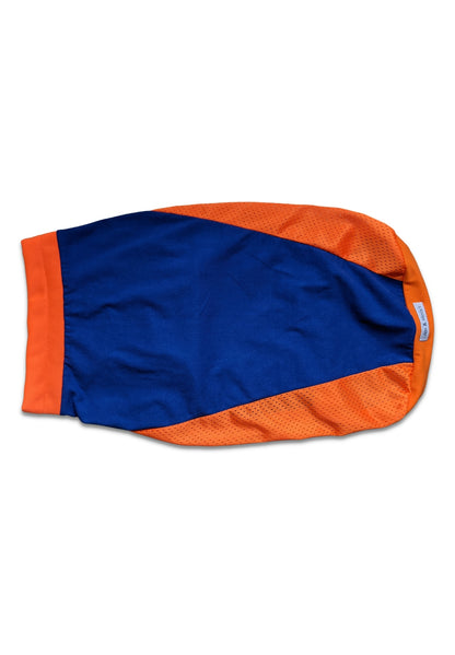 Blue and orange dog sports jersey tank shown from the back with mesh panels