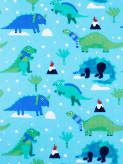Blue fleece fabric with a dinosaur print