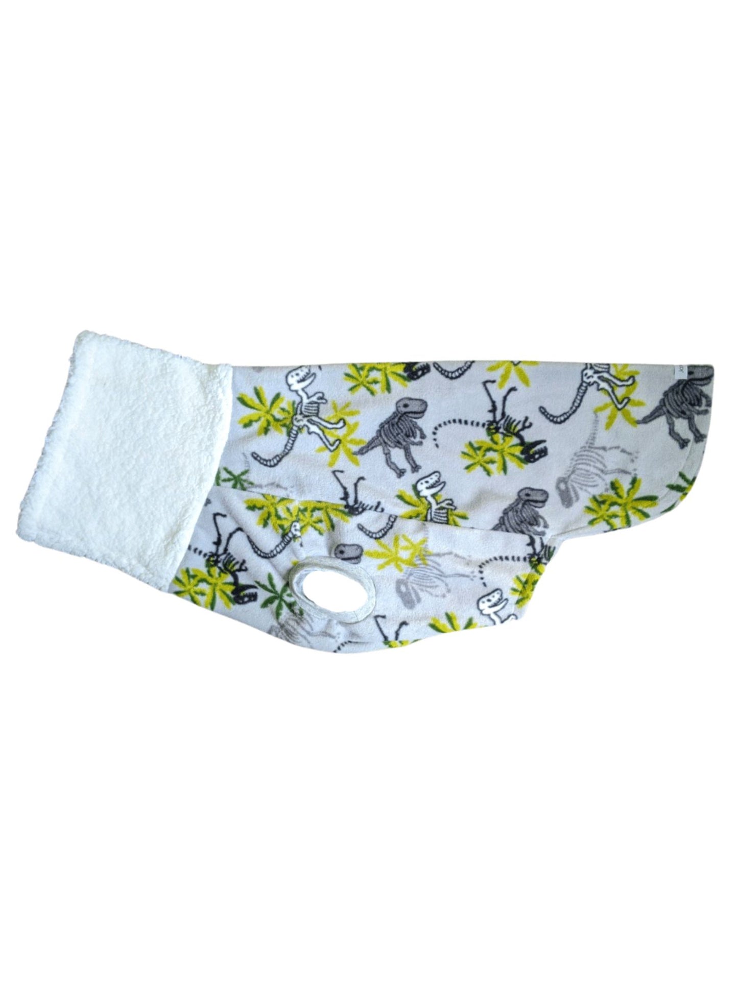 'Cozy Bones' dinosaur fossil print dog sweater with sherpa turtleneck