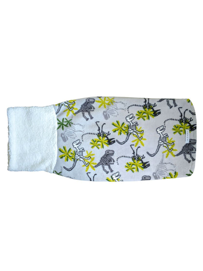 Backside view of the 'Cozy Bones' made-to-order dog sweater with dinosaur bone print and sherpa neck