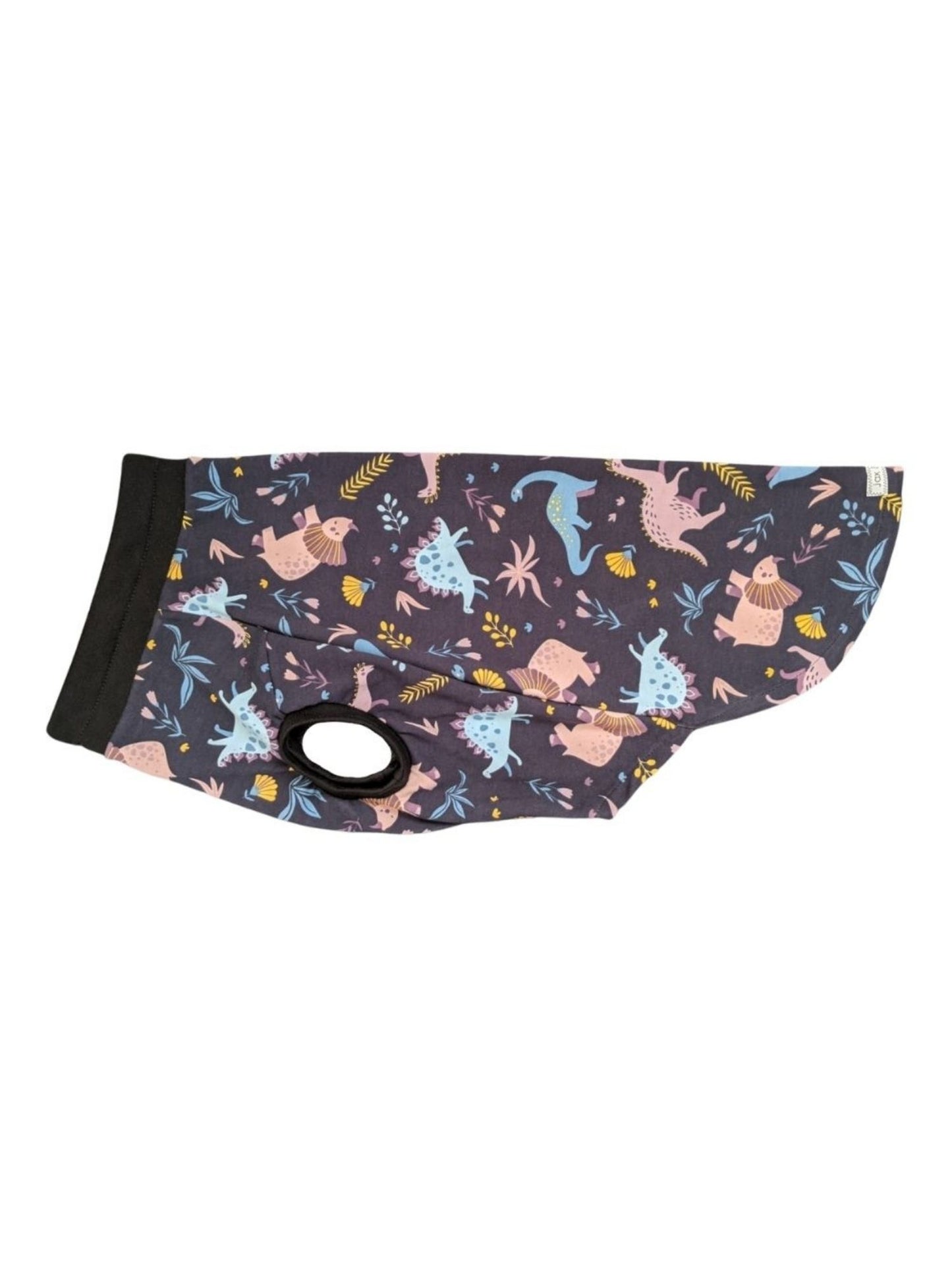Display of Jax & Molly's Dog Pajamas, featuring a charming navy background embellished with pastel-colored dinosaurs.
