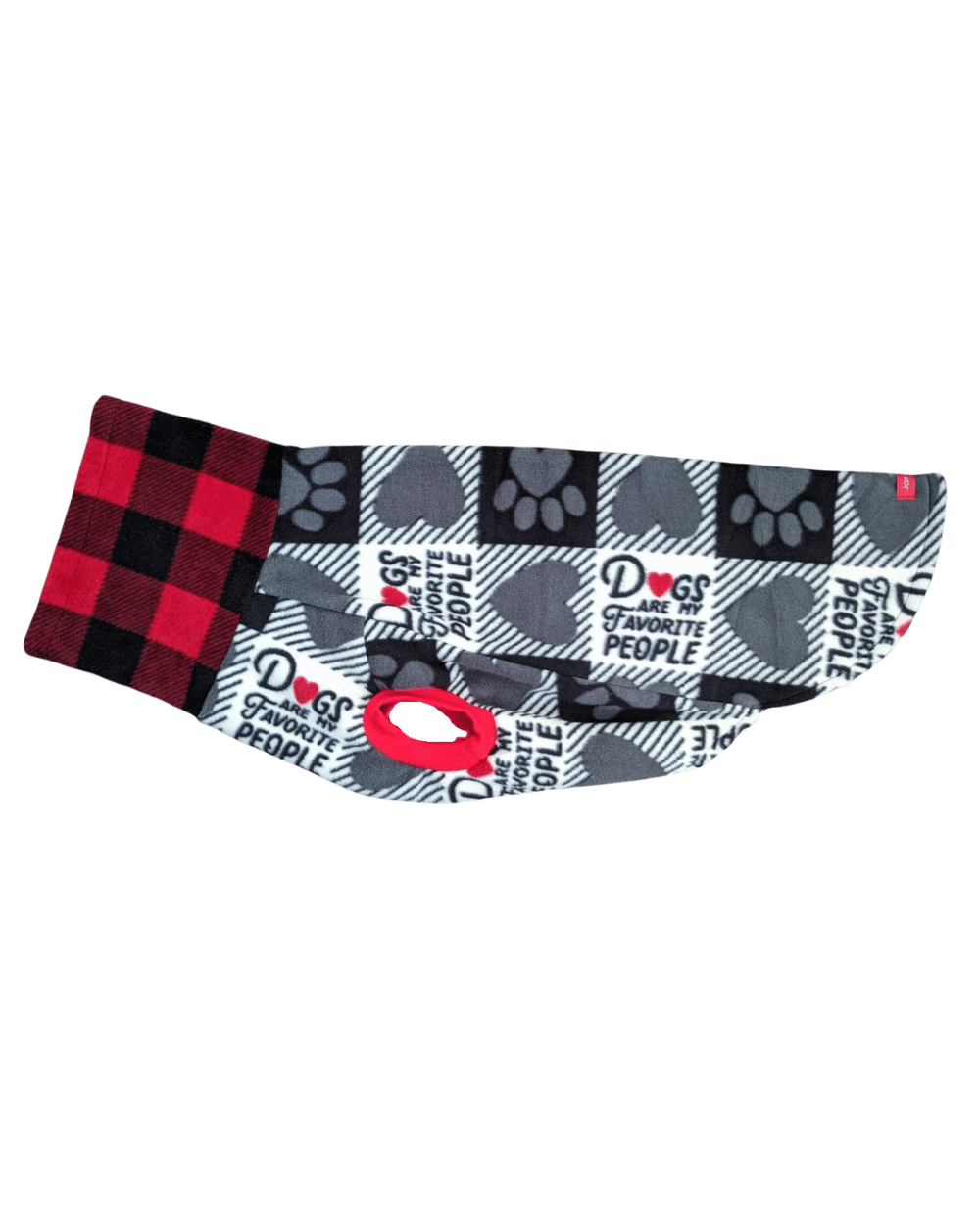 Side view of a fleece dog sweater with the print 'Dogs Are My Favorite People" and a red buffalo plaid turtleneck