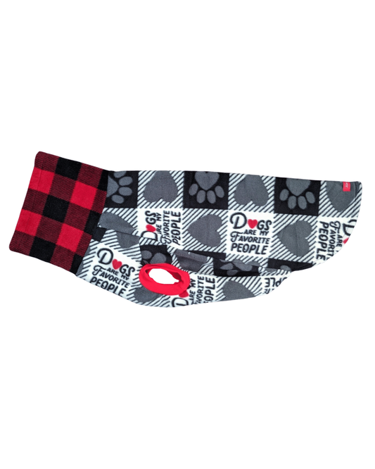 Side view of a fleece dog sweater with the print 'Dogs Are My Favorite People" and a red buffalo plaid turtleneck