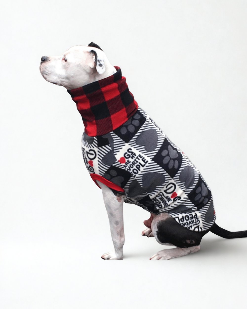 Side view of white pup dressed in a fleece dog sweater with the print 'Dogs Are My Favorite People" and a red buffalo plaid turtleneck