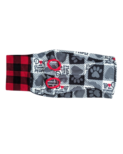 Underbelly view of a fleece dog sweater with the print 'Dogs Are My Favorite People" and a red buffalo plaid turtleneck