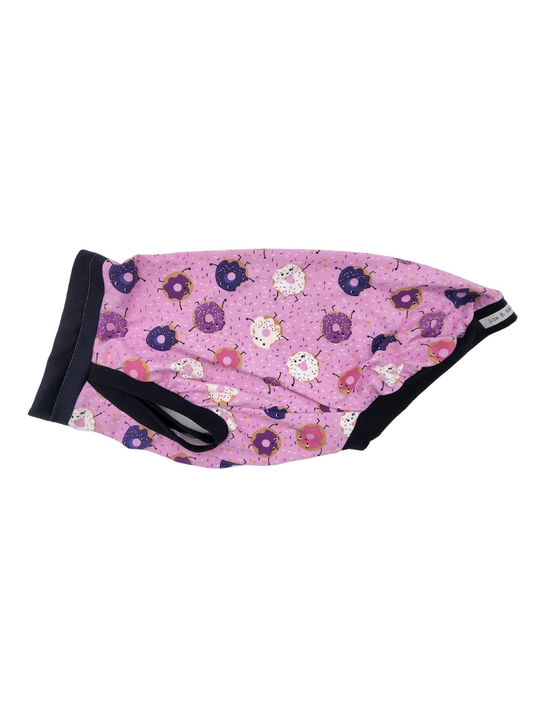 Donut You Love Me dog pajamas with pink donut pattern and navy cotton spandex trim