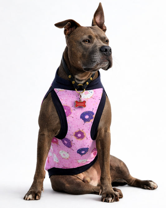 Dog modeling Donut You Love Me dog pajamas made from soft cotton spandex fabric