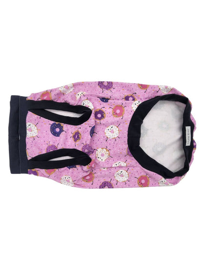 Top view of donut print dog pajamas showing soft cotton spandex material and trim