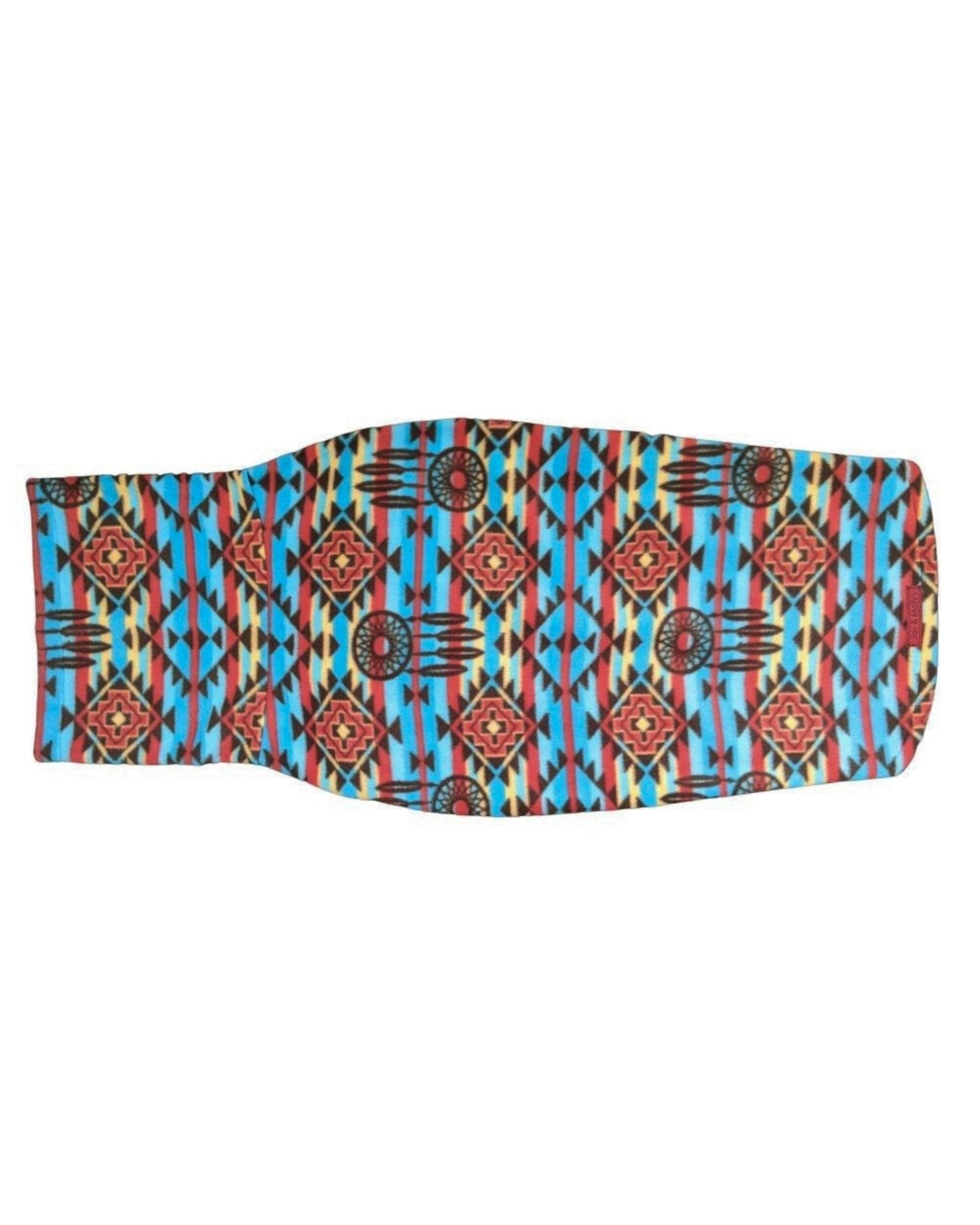 Aztec print fleece dog sweater in blue and red with dreamcatcher design