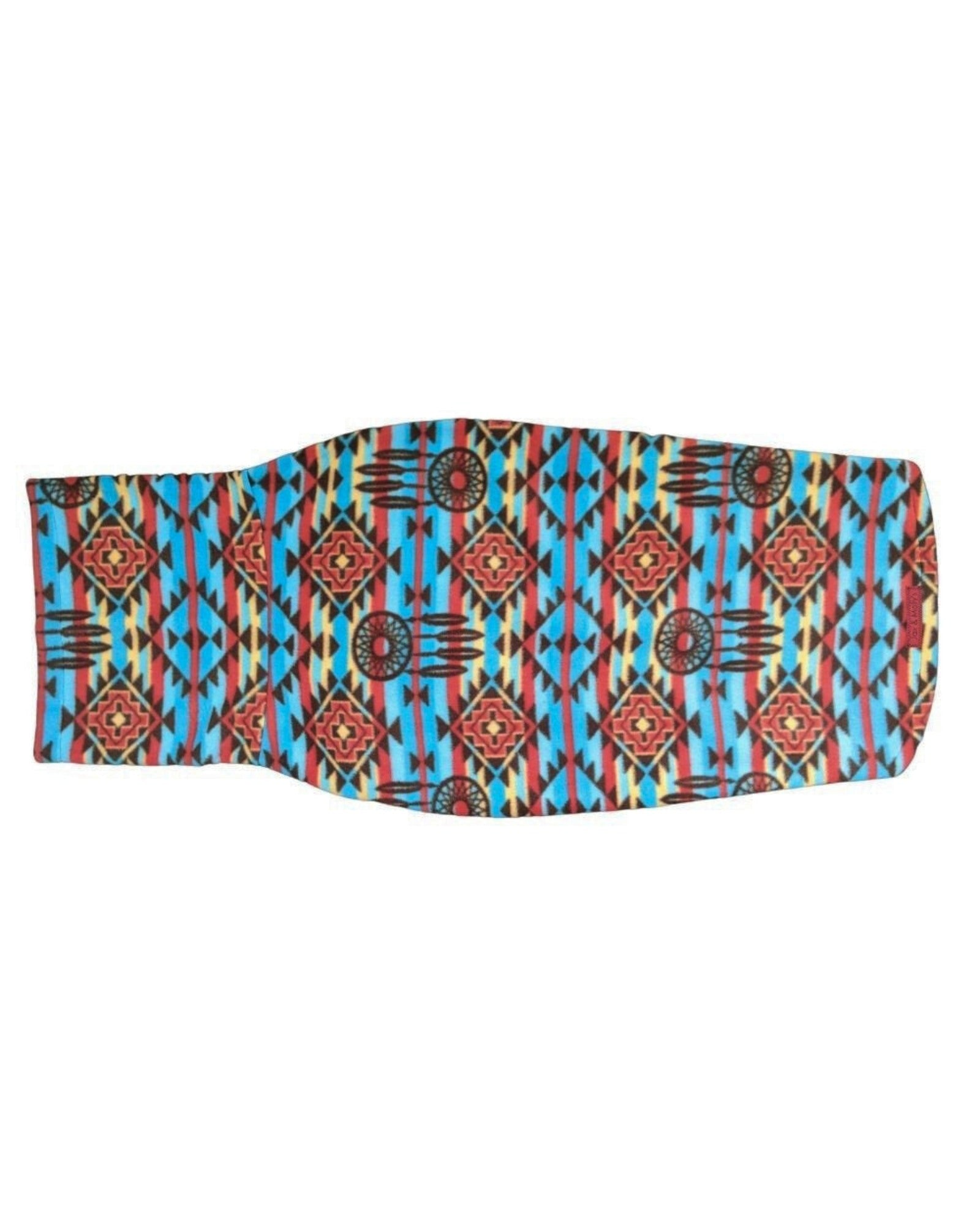 Aztec print fleece dog sweater in blue and red with dreamcatcher design
