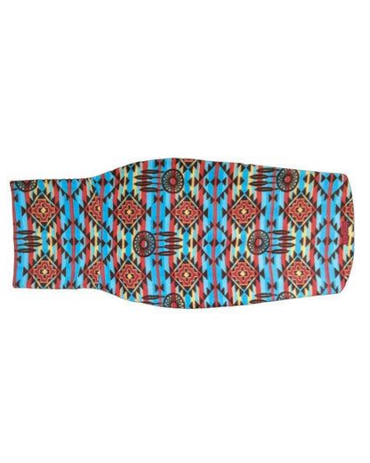 Aztec print fleece dog sweater in blue and red with dreamcatcher design