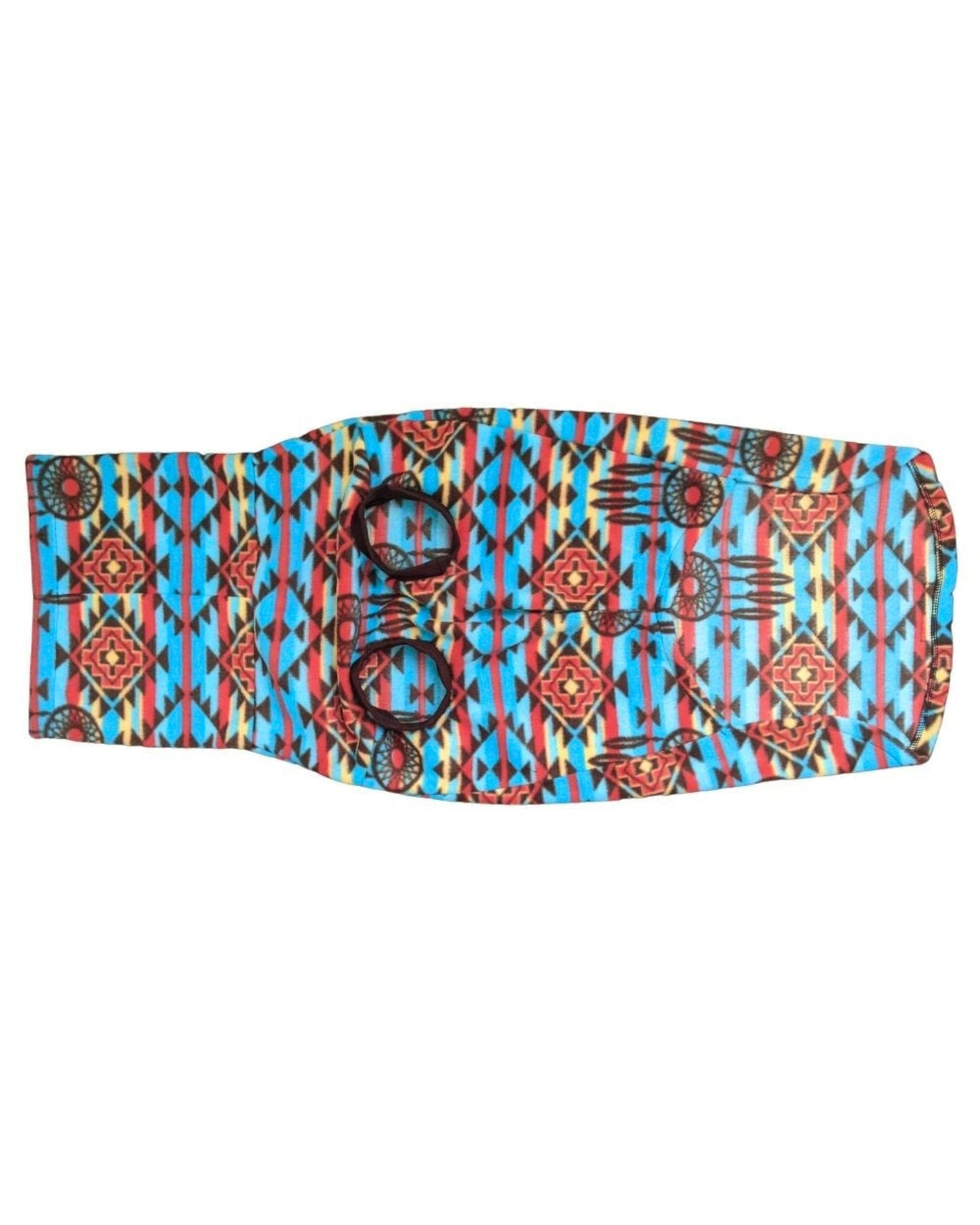 Blue red Aztec dog sweater with dreamcatcher pattern detail