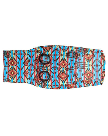 Blue red Aztec dog sweater with dreamcatcher pattern detail
