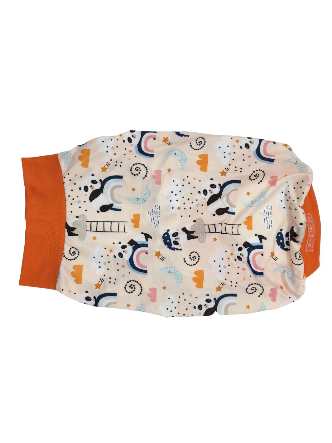 Back view of Jax & Molly's 'Dreamy Panda' dog pajamas with orange trim