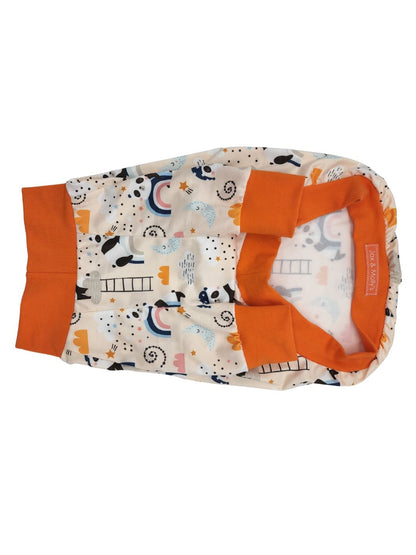 Underbelly view of lightweight pajamas with sleepy pandas and complimentary orange trim